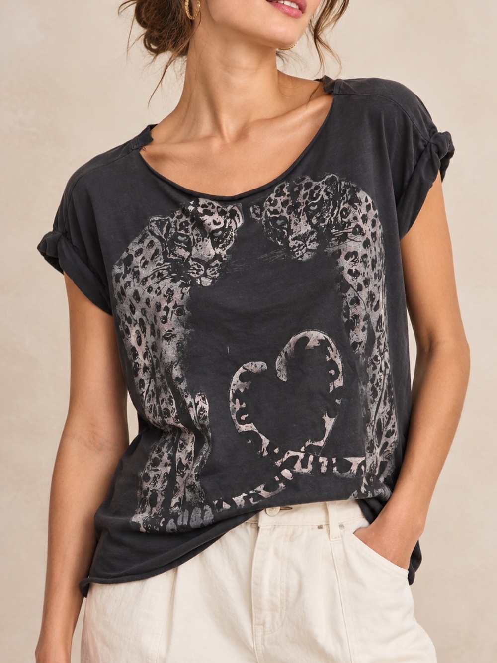 AllSaints Leopard Graphic Women’s Tee S Charcoal Cropped Grunge Benin Pina